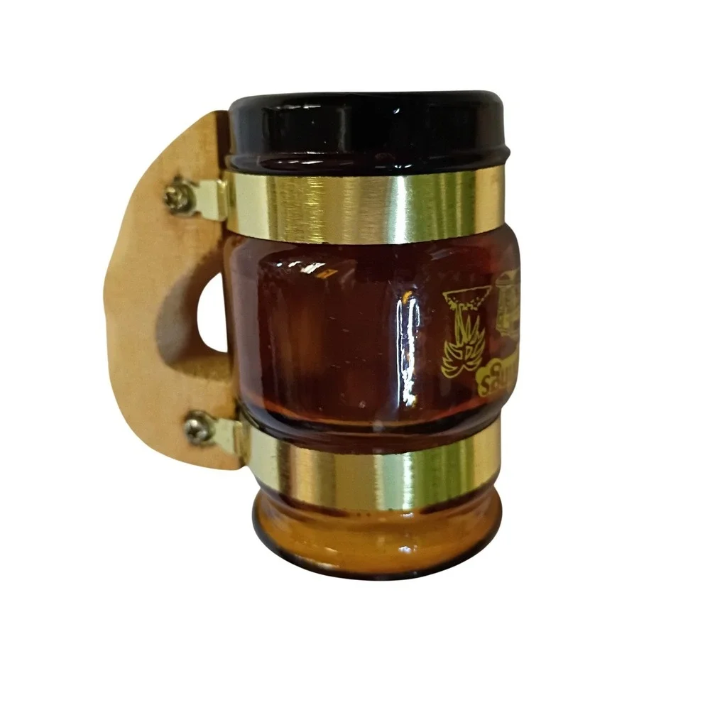 Vintage Silver Springs Florida Amber Glass Barrel Shot Glass Wooden Handle 651